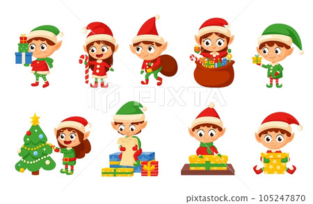 Cartoon santa elves characters, christmas elf with gifts and xmas tree. Cute helpers, celebrating magic creature. Winter holidays nowaday vector set 105247870