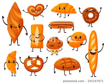 Funny bread characters, variety breads with cartoon faces. Bakery elements, toast and loaf. Breakfast comic croissant and muffin nowaday vector set Funny bread characters, variety breads with cartoon faces. Bakery elements, toast and loaf. Breakfast comic croissant and muffin nowaday vector set 105247871