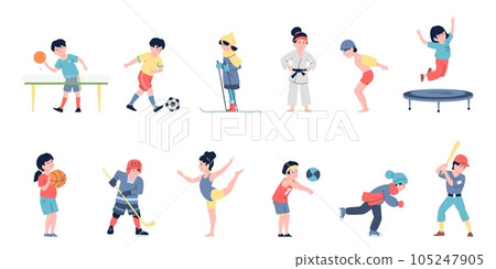 Flat sporting teenagers, sport athletics children. Student play volleyball, soccer and ski. Little baseball champion, recent vector characters Flat sporting teenagers, sport athletics children. Student play volleyball, soccer and ski. Little baseball champion, recent vector characters 105247905