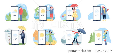 Weather forecast smartphone app. People in different seasons, summer, spring autumn and winter. Rainy and sunny days, recent vector scene 105247906