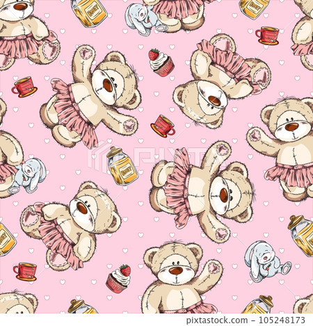 Seamless pattern with teddy bears girlish hand drawn vector illustration. 105248173
