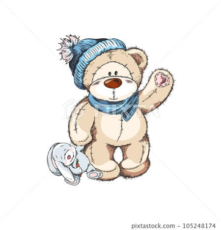 Colorfull watercolor hand drawn Teddy bear boy in hat with bunny toy, vector sketch bear doll isolated illustration 105248174