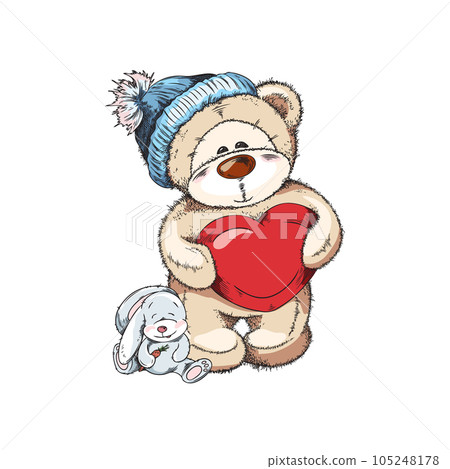 Colorfull watercolor hand drawn funny teddy bear boy with red heart, vector sketch bear doll isolated illustration Colorfull watercolor hand drawn funny teddy bear boy with red heart, vector sketch bear doll isolated illustration 105248178