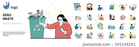 Zero waste concept with character situations mega set. Bundle of scenes people sorting garbage, reusable and recycling, take care of environment and ecology. Vector illustrations in flat web design Zero waste concept with character situations mega set. Bundle of scenes people sorting garbage, reusable and recycling, take care of environment and ecology. Vector illustrations in flat web design 105248261