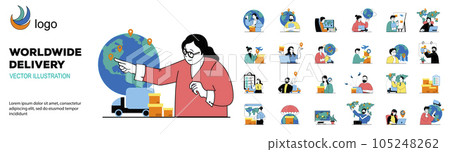 Worldwide delivery concept with character situations mega set. Bundle of scenes people shipping parcels with transport of international logistics business. Vector illustrations in flat web design 105248262