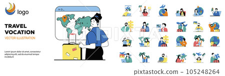 Travel vacation concept with character situations mega set. Bundle of scenes people traveling, hiking in excursion trips, choosing destinations for journey. Vector illustrations in flat web design 105248264