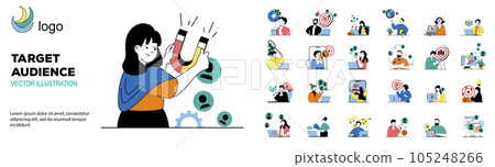 Target audience concept with character situations mega set. Bundle of scenes people study focus group, creating customer attraction campaign, sales generation. Vector illustrations in flat web design Target audience concept with character situations mega set. Bundle of scenes people study focus group, creating customer attraction campaign, sales generation. Vector illustrations in flat web design 105248266