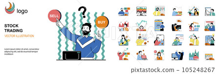 Stock trading concept with character situations mega set. Bundle of scenes people analyzing financial graphs, investing money in stock market, buy and sell. Vector illustrations in flat web design Stock trading concept with character situations mega set. Bundle of scenes people analyzing financial graphs, investing money in stock market, buy and sell. Vector illustrations in flat web design 105248267
