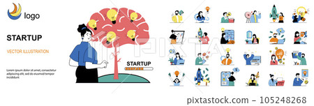 Startup concept with character situations mega set. Bundle of scenes people brainstorming and developing new business project, planning and investing money. Vector illustrations in flat web design 105248268