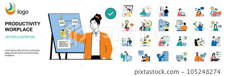 Productivity workplace concept with character situations mega set. Bundle of scenes people organizing workflow with notes and deadlines, crating to do lists. Vector illustrations in flat web design Productivity workplace concept with character situations mega set. Bundle of scenes people organizing workflow with notes and deadlines, crating to do lists. Vector illustrations in flat web design 105248274