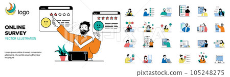 Online survey concept with character situations mega set. Bundle of scenes people passing tests and answering quiz questions, giving feedback in digital forms. Vector illustrations in flat web design 105248275