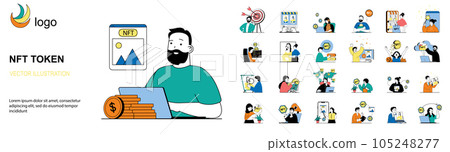NFT token concept with character situations mega set. Bundle of scenes people selling and buying digital crypto art with non fungible tokens in marketplaces. Vector illustrations in flat web design 105248277