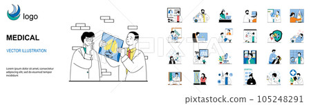 Medical service concept with character situations mega set. Bundle of scenes people visiting clinic for consultation of doctor, healthcare and treatment. Vector illustrations in flat web design Medical service concept with character situations mega set. Bundle of scenes people visiting clinic for consultation of doctor, healthcare and treatment. Vector illustrations in flat web design 105248291