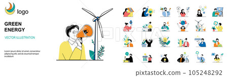 Green energy concept with character situations mega set. Bundle of scenes people using alternative clean energy resources with wind turbines or solar panels. Vector illustrations in flat web design 105248292