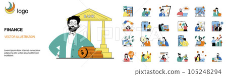 Finance concept with character situations mega set. Bundle of scenes people using online banking and bank services, making transactions, financial management. Vector illustrations in flat web design 105248294