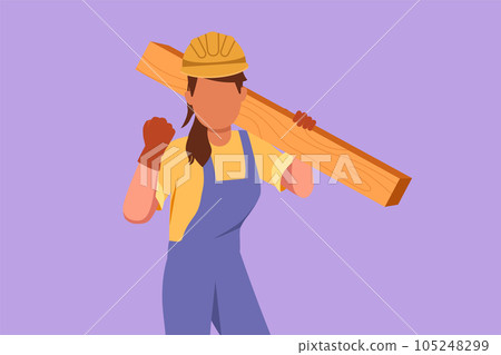 Graphic flat design drawing female carpenter carrying wooden board with celebrate gesture, working in workshop making wooden product. Skills in using carpentry tool. Cartoon style vector illustration Graphic flat design drawing female carpenter carrying wooden board with celebrate gesture, working in workshop making wooden product. Skills in using carpentry tool. Cartoon style vector illustration 105248299