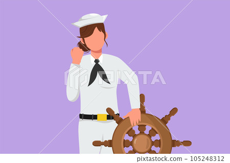 Character flat drawing beautiful sailor woman with celebrate gesture ready to sail across seas in ship that is headed by captain. Female sailor travel across ocean. Cartoon design vector illustration Character flat drawing beautiful sailor woman with celebrate gesture ready to sail across seas in ship that is headed by captain. Female sailor travel across ocean. Cartoon design vector illustration 105248312