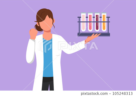Graphic flat design drawing female scientist holding measuring tube with celebrate gesture and examining chemical solution to make vaccine due to pandemic outbreak. Cartoon style vector illustration 105248313