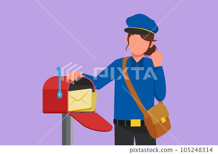 Cartoon flat style drawing postwoman holds envelope on mail box with celebrate gesture, wearing hat, bag, and uniform, working hard to delivery mail to home address. Graphic design vector illustration Cartoon flat style drawing postwoman holds envelope on mail box with celebrate gesture, wearing hat, bag, and uniform, working hard to delivery mail to home address. Graphic design vector illustration 105248314