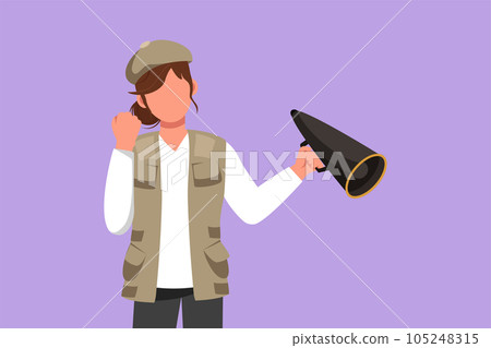 Character flat drawing female film director holding megaphone with celebrate gesture, wearing vest, and cap while set film crew for shooting romance movie in studio. Cartoon design vector illustration 105248315