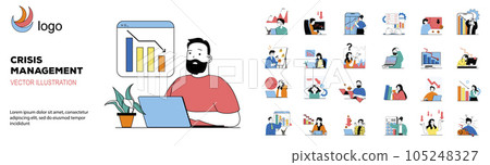 Crisis management concept with character situations mega set. Bundle of scenes people analisis data, planning strategy in recession, finding problem solutions. Vector illustrations in flat web design 105248327