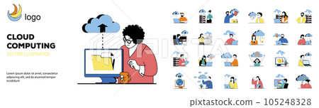 Cloud computing concept with character situations mega set. Bundle of scenes people downloading data and storing on server, using online database and hosting. Vector illustrations in flat web design 105248328