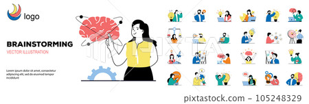 Brainstorming concept with character situations mega set. Bundle of scenes people thinking and generating new ideas, finding solutions and business innovation. Vector illustrations in flat web design 105248329