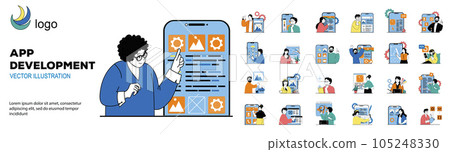 App development concept with character situations mega set. Bundle of scenes people programming and coding, engineering application, releasing new product. Vector illustrations in flat web design 105248330