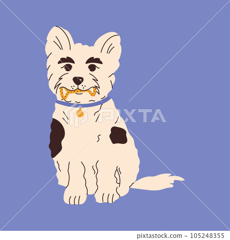 Dog with toys for brushing or massaging teeth. Dog dental health. Canine dental care and hygiene concept. Vector illustration 105248355