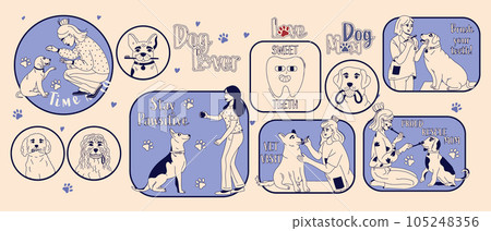 Dog dental health stickers. Canine dental care and hygiene concept. Oral hygiene for dogs of all breeds. Vector illustration Dog dental health stickers. Canine dental care and hygiene concept. Oral hygiene for dogs of all breeds. Vector illustration 105248356