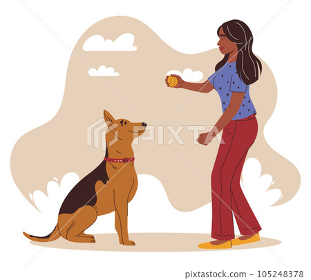 Girl plays with her dog with a brushing toy. Raising awareness of oral hygiene for dogs. Dog dental health. Canine dental care and hygiene concept. Vector illustration 105248378