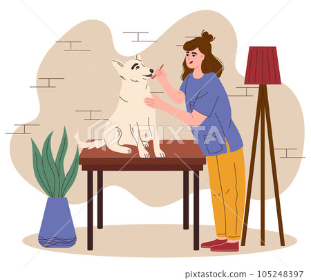 Veterinarian cleans the dog's teeth. Veterinary doctor appointment. Maintaining healthy dog teeth and gums. Gum disease prevention. Dog dental care concept. Vector illustration 105248397