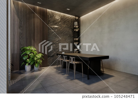 Modern dining room interior design contemporary, with natural tones on the room, walls, floor and ceiling. rendering illustration Modern dining room interior design contemporary, with natural tones on the room, walls, floor and ceiling. rendering illustration 105248471