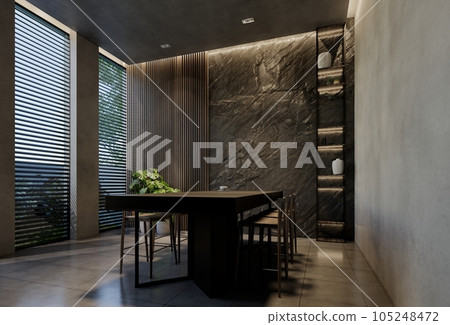Modern dining room interior design contemporary, with natural tones on the room, walls, floor and ceiling. rendering illustration Modern dining room interior design contemporary, with natural tones on the room, walls, floor and ceiling. rendering illustration 105248472