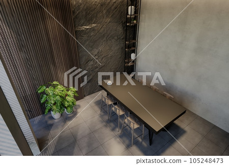 Modern dining room interior design contemporary, with natural tones on the room, walls, floor and ceiling. rendering illustration Modern dining room interior design contemporary, with natural tones on the room, walls, floor and ceiling. rendering illustration 105248473