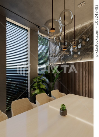 Modern dining room interior design contemporary, with natural tones on the room, walls, floor and ceiling. rendering illustration Modern dining room interior design contemporary, with natural tones on the room, walls, floor and ceiling. rendering illustration 105248482