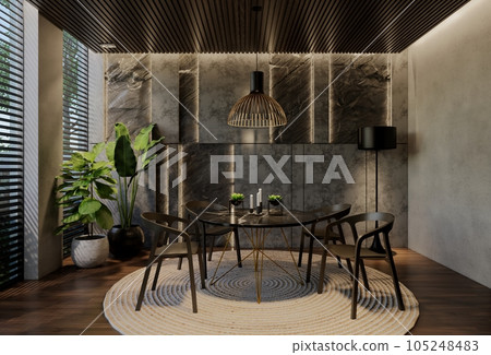 Modern dining room interior design contemporary, with natural tones on the room, walls, floor and ceiling. rendering illustration Modern dining room interior design contemporary, with natural tones on the room, walls, floor and ceiling. rendering illustration 105248483