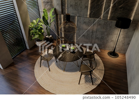 Modern dining room interior design contemporary, with natural tones on the room, walls, floor and ceiling. rendering illustration Modern dining room interior design contemporary, with natural tones on the room, walls, floor and ceiling. rendering illustration 105248490