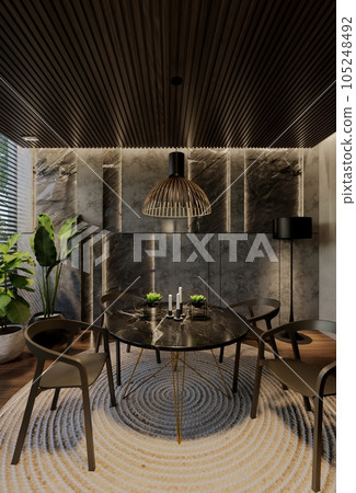 Modern dining room interior design contemporary, with natural tones on the room, walls, floor and ceiling. rendering illustration Modern dining room interior design contemporary, with natural tones on the room, walls, floor and ceiling. rendering illustration 105248492