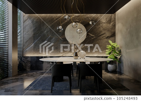 Modern dining room interior design contemporary, with natural tones on the room, walls, floor and ceiling. rendering illustration Modern dining room interior design contemporary, with natural tones on the room, walls, floor and ceiling. rendering illustration 105248493