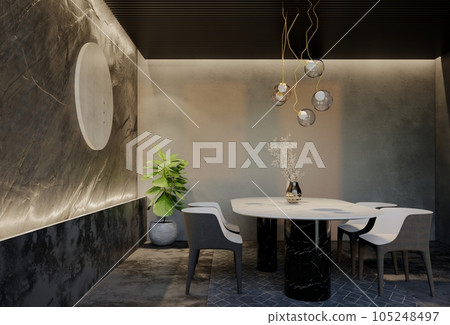 Modern dining room interior design contemporary, with natural tones on the room, walls, floor and ceiling. rendering illustration Modern dining room interior design contemporary, with natural tones on the room, walls, floor and ceiling. rendering illustration 105248497
