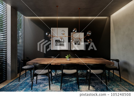 Modern dining room interior design contemporary, with natural tones on the room, walls, floor and ceiling. rendering illustration 105248508