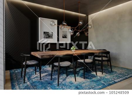 Modern dining room interior design contemporary, with natural tones on the room, walls, floor and ceiling. rendering illustration Modern dining room interior design contemporary, with natural tones on the room, walls, floor and ceiling. rendering illustration 105248509