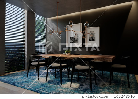 Modern dining room interior design contemporary, with natural tones on the room, walls, floor and ceiling. rendering illustration Modern dining room interior design contemporary, with natural tones on the room, walls, floor and ceiling. rendering illustration 105248510
