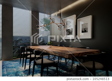 Modern dining room interior design contemporary, with natural tones on the room, walls, floor and ceiling. rendering illustration 105248513