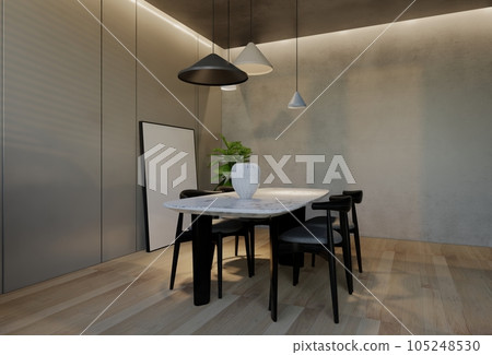 Modern dining room interior design contemporary, with natural tones on the room, walls, floor and ceiling. rendering illustration Modern dining room interior design contemporary, with natural tones on the room, walls, floor and ceiling. rendering illustration 105248530