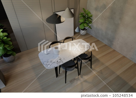 Modern dining room interior design contemporary, with natural tones on the room, walls, floor and ceiling. rendering illustration Modern dining room interior design contemporary, with natural tones on the room, walls, floor and ceiling. rendering illustration 105248534