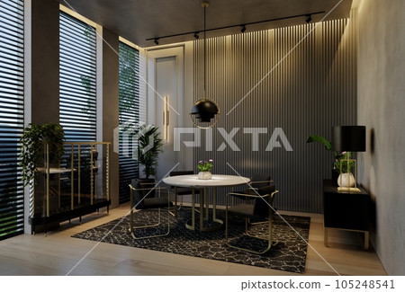 Modern dining room interior design contemporary, with natural tones on the room, walls, floor and ceiling. rendering illustration Modern dining room interior design contemporary, with natural tones on the room, walls, floor and ceiling. rendering illustration 105248541