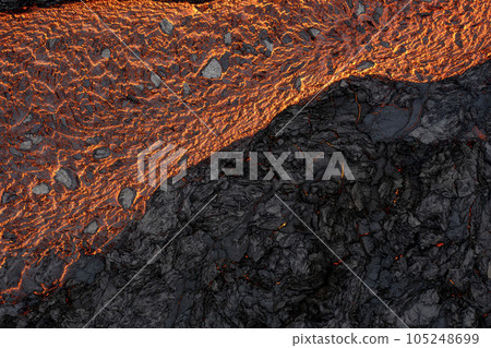 Aerial view of the texture of a solidifying lava field, close-up 105248699