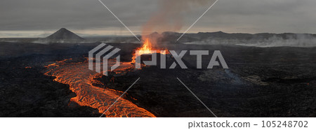 Beautiful aerial panoramatic view of active volcano, Litli - Hrutur, Iceland 2023 Beautiful aerial panoramatic view of active volcano, Litli - Hrutur, Iceland 2023 105248702